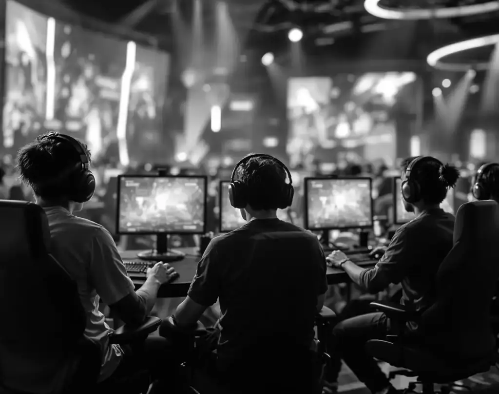 Esports-team traint samen achter gamingcomputers in een moderne ruimte met blauwe en roze verlichting.