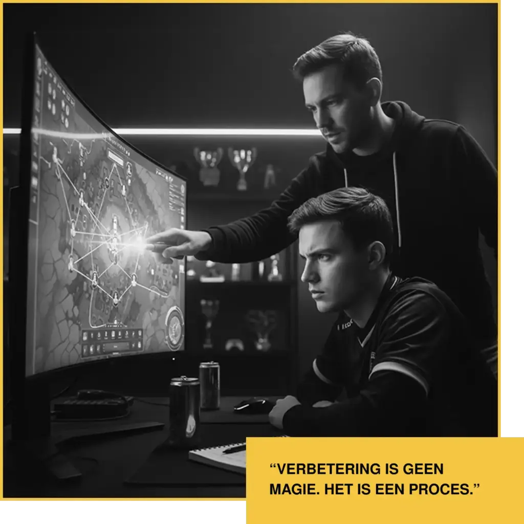 Trainer begeleidt een esports-speler tijdens een tactische coaching sessie met gameplay-analyse op een groot scherm.